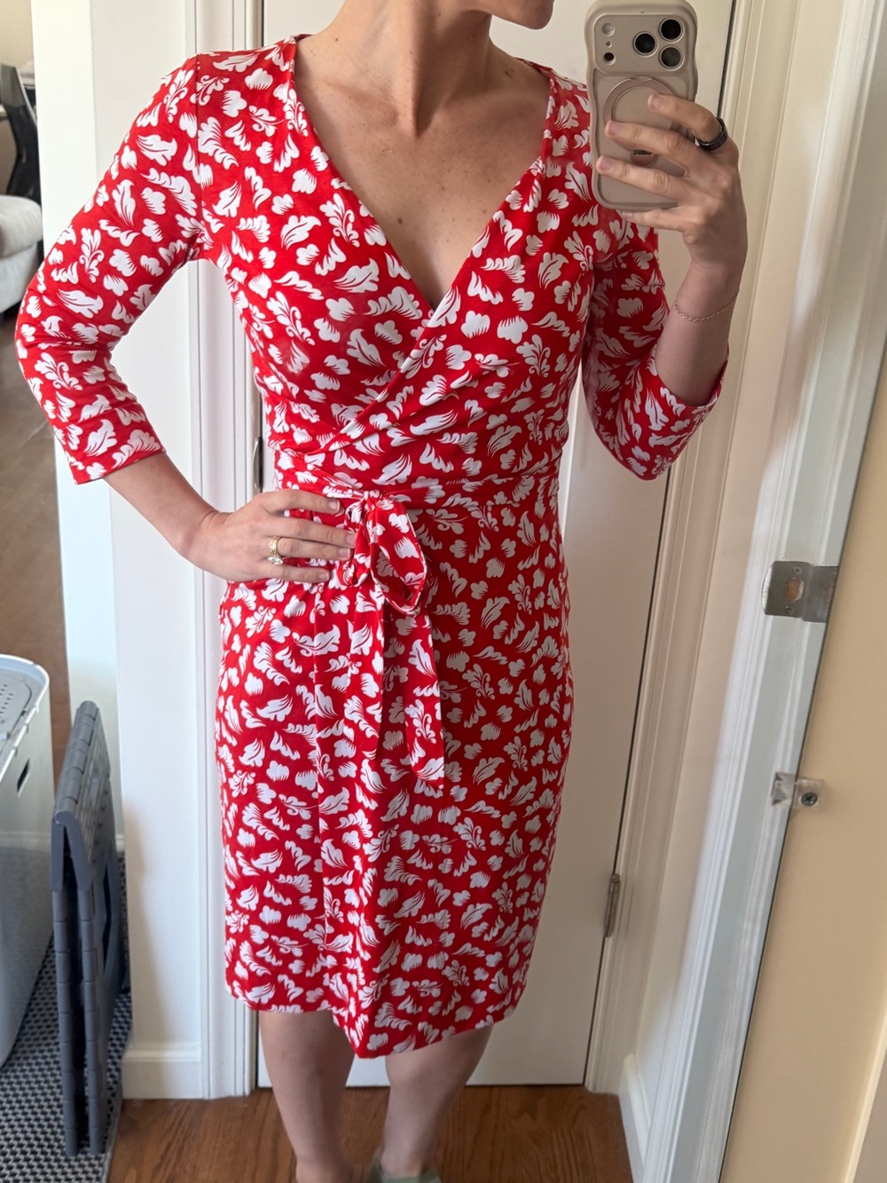 Orange Floral Wrap Dress with Tie Waist
